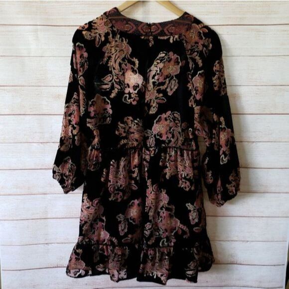 Zara Velvet Trim Floral V-Neck Ruffle Trim 3/4 Sleeve Dress Women's Size Small - Picture 6 of 15